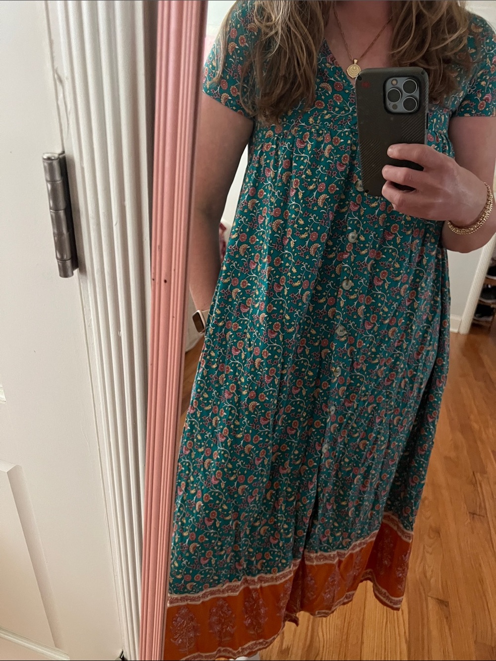 Natural Life Avery Midi Dress Floral Boho V-neck Pockets Turquoise Orange XS - Picture 6 of 15